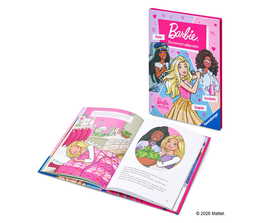 Aufgeschlagenes Barbie Buch, das Barbie als Pilotin, Sängerin und Forscherin zeigt.