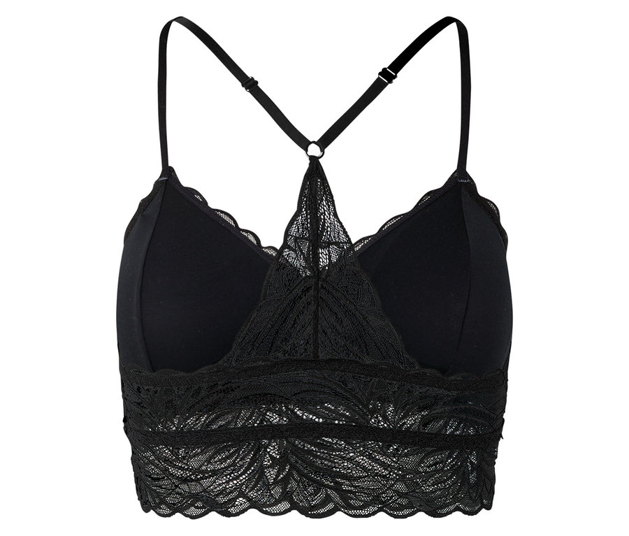 Schwarzes Bralette-Top mit Spaghettiträgern, Spitzenbesatz und Racerback-Design.