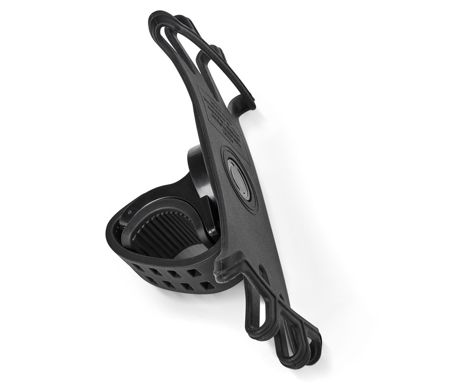 Schwarze Handyhalterung für Fahrräder mit Gummibandbefestigung vor einem weißen Hintergrund.