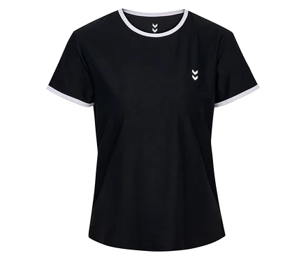 Das HUMMEL Damen-T-Shirt ist schwarz mit weißen Akzenten an Ärmeln und Kragen sowie einem weißen Logo auf der Brust.
