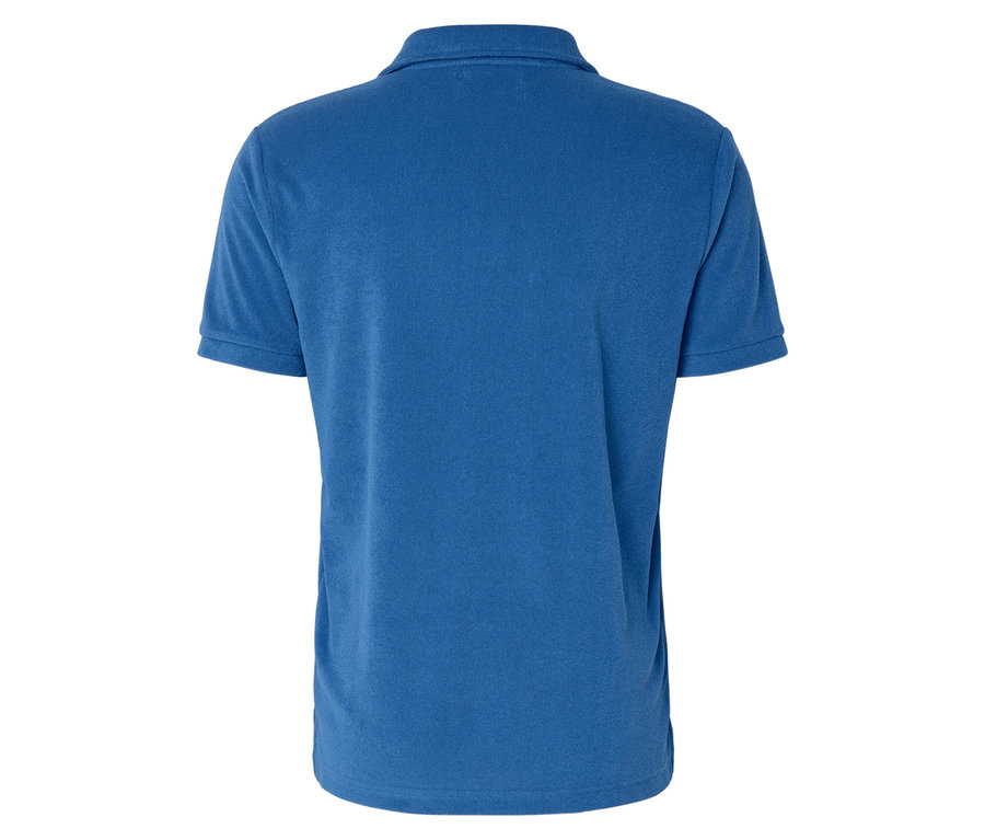 Rückansicht eines blauen Poloshirts auf weißem Hintergrund.