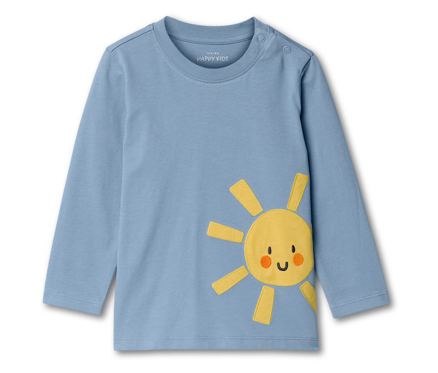 Ein hellblaues Langarmshirt mit einer gelben Sonne.