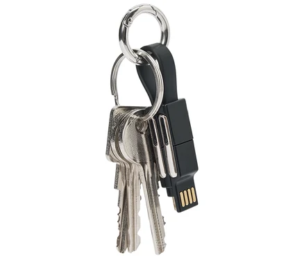 Schlüsselbund mit drei Schlüsseln und einem schwarzen USB-Stick an einem silbernen Ring.