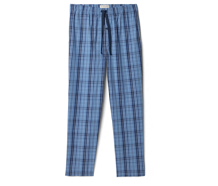 Blaue karierte Pyjamahose mit Kordelzug.
