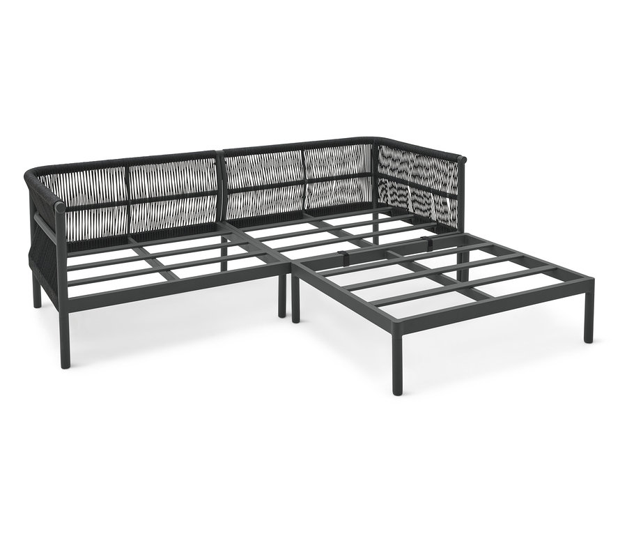 Schwarzes modulares Ecksofa-Gestell mit Seildetails.