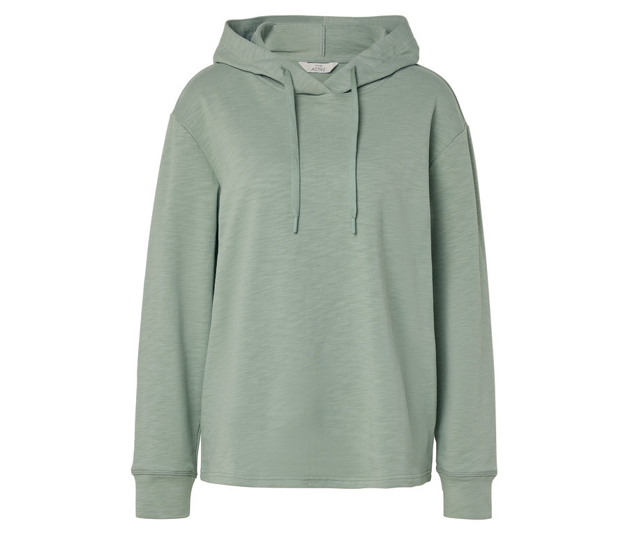 Hellgrüner Kapuzenpullover mit langen Ärmeln und Kordelzug.