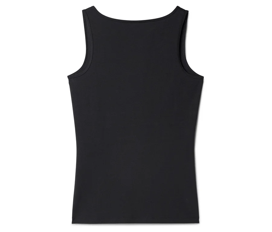 Rückansicht eines schwarzen Tanktops mit breiten Trägern und geradem Ausschnitt.