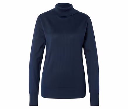 Blauer Rollkragenpullover mit langen Ärmeln, isoliert auf Weiß dargestellt.