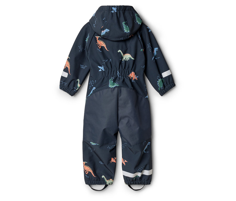 Rückansicht eines dunkelblauen Kinder-Overall mit Kapuze und Dinosaurier-Muster.