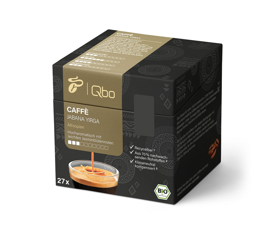 Packung mit 27 Qbo Caffè JABANA YIRGA Kapseln, Kaffee aus Äthiopien. Kapseln sind recycelbar.