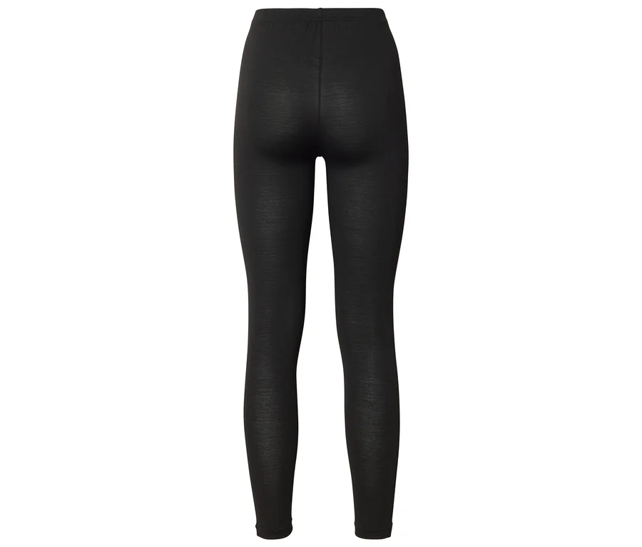 Ein Paar schlichte schwarze, lange Leggings, von hinten auf weißem Hintergrund.