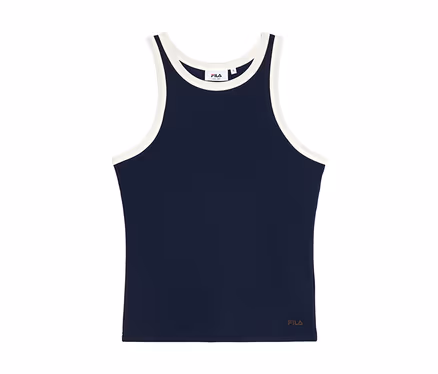 Dunkelblaues FILA Damen-Sportshirt als Tanktop mit Rippstruktur und weißem Besatz an Ausschnitt und Armausschnitten.
