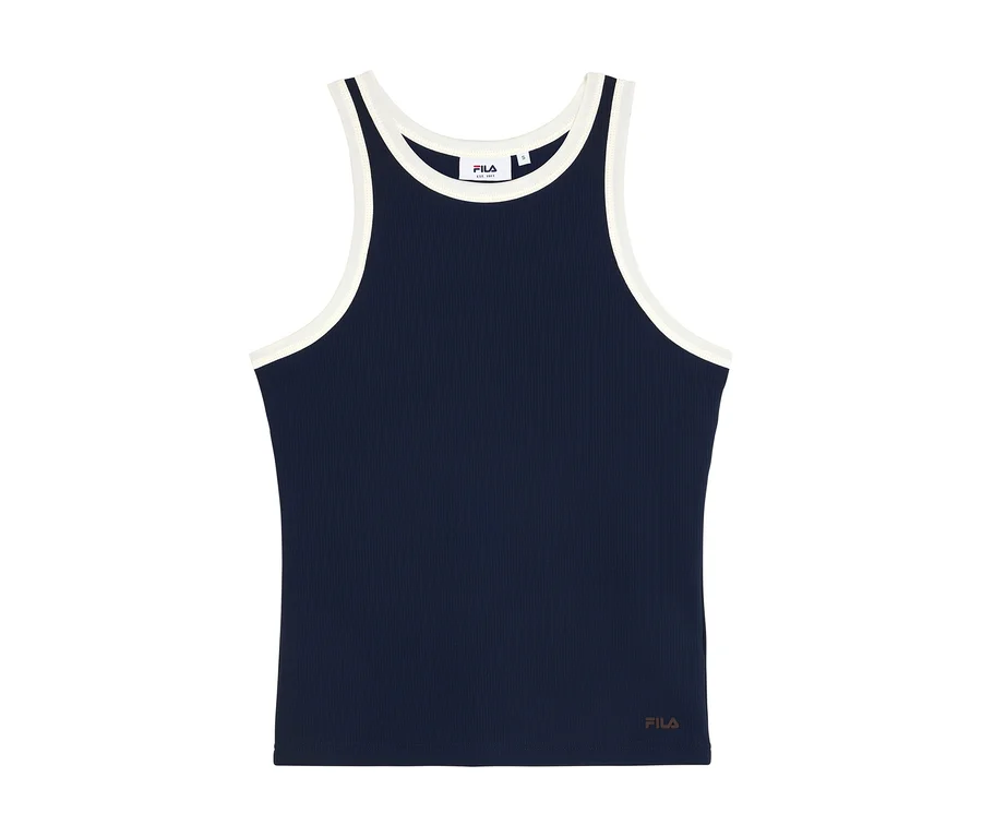 Dunkelblaues FILA Damen-Sportshirt als Tanktop mit Rippstruktur und weißem Besatz an Ausschnitt und Armausschnitten.