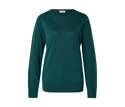 Dunkelgrüner Langarmpullover mit Rundhalsausschnitt, gerippten Bündchen und Saum, flach liegend.