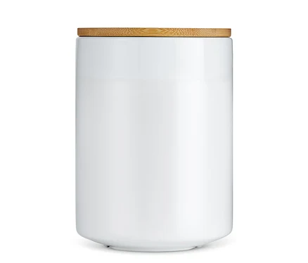 Weiße Kaffeedose aus Keramik mit Holzdeckel.