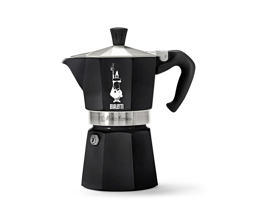 Schwarze Bialetti Moka Express Espressokanne auf einem weißen Hintergrund.
