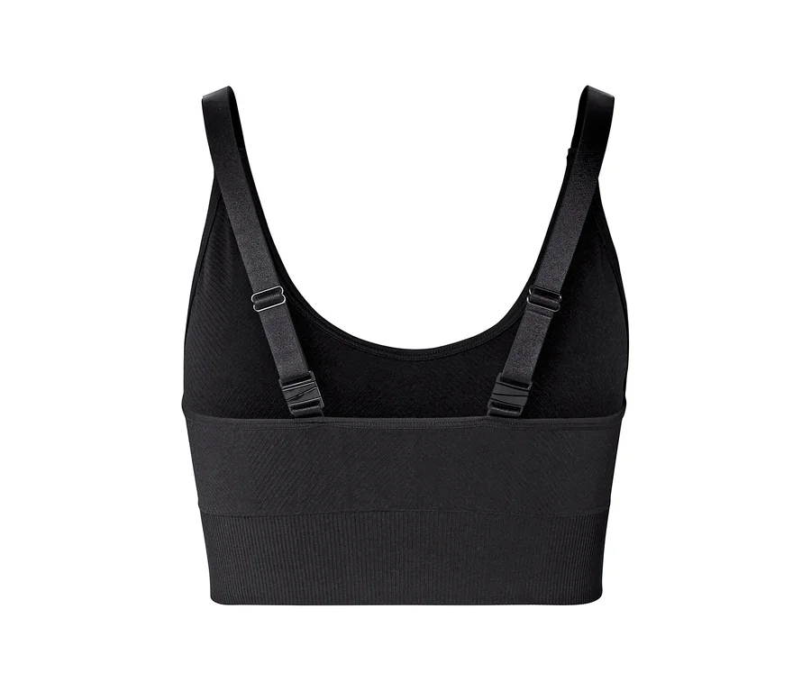 Schwarzer Sport-BH von hinten mit breiten, verstellbaren Trägern und geripptem Stoff.