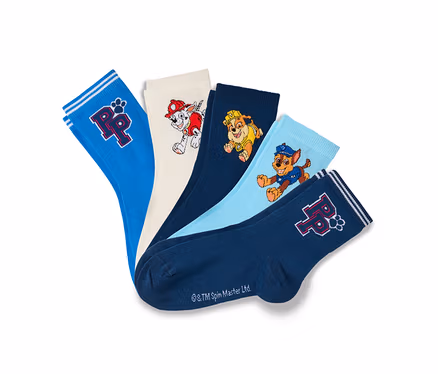 Fünf Socken liegen übereinander, jede mit einem anderen Paw Patrol-Charakter oder Logo.