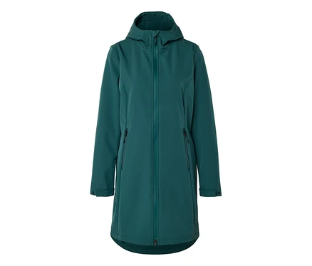 Grüne, lange Softshelljacke mit Kapuze und Reißverschluss vorne.