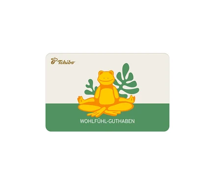 Digitale Geschenkkarte Wohlfühlguthaben: Eine Karte mit einem gelben Frosch in Meditationshaltung, umgeben von grünen Blättern, auf beigem und grünem Hintergrund.