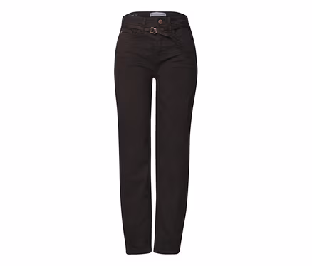 Dunkelbraune Street One Barrel Jeans mit hohem Bund und Gürtel mit runder Schnalle.