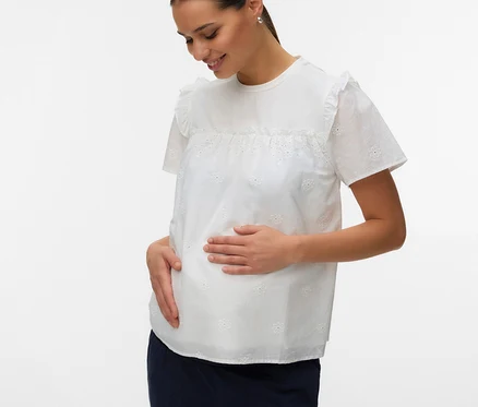 Schwangere Frau lächelt und hält ihren Babybauch, trägt ein weißes MAMALICIOUS Top »MLDORA« mit Stickereien und eine dunkelblaue Hose.