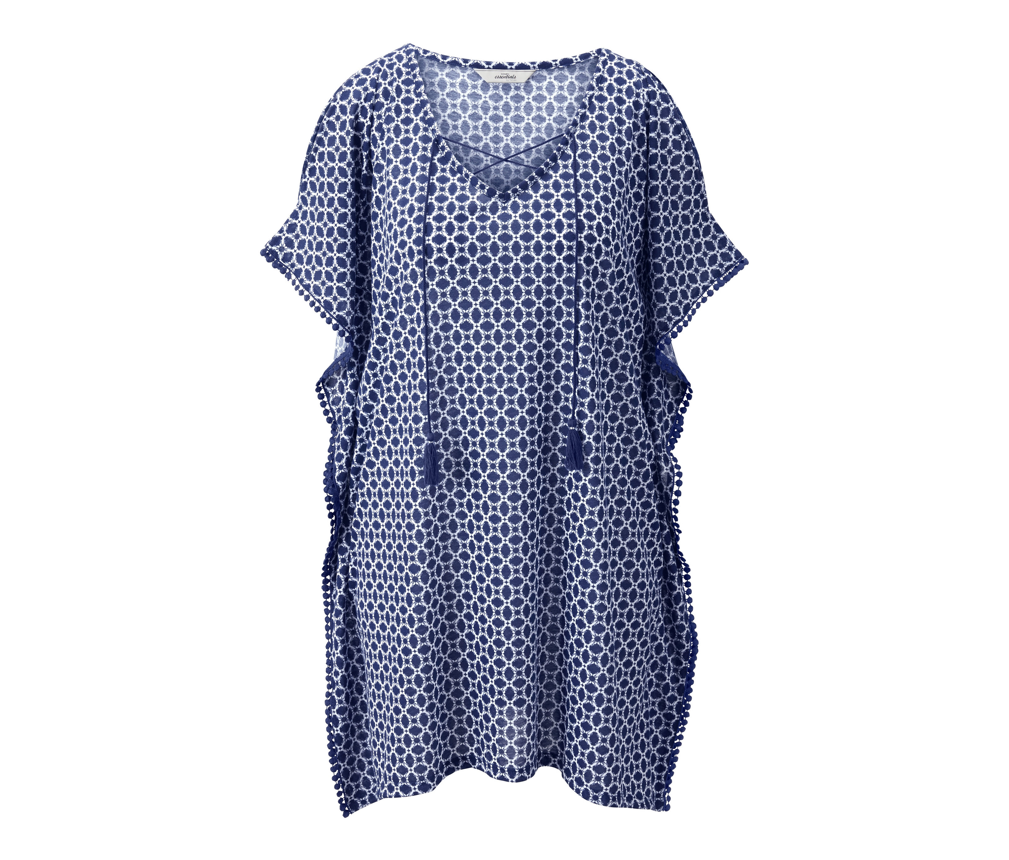 Strandtunika mit blau-weißem geometrischen Muster und Zierquasten.