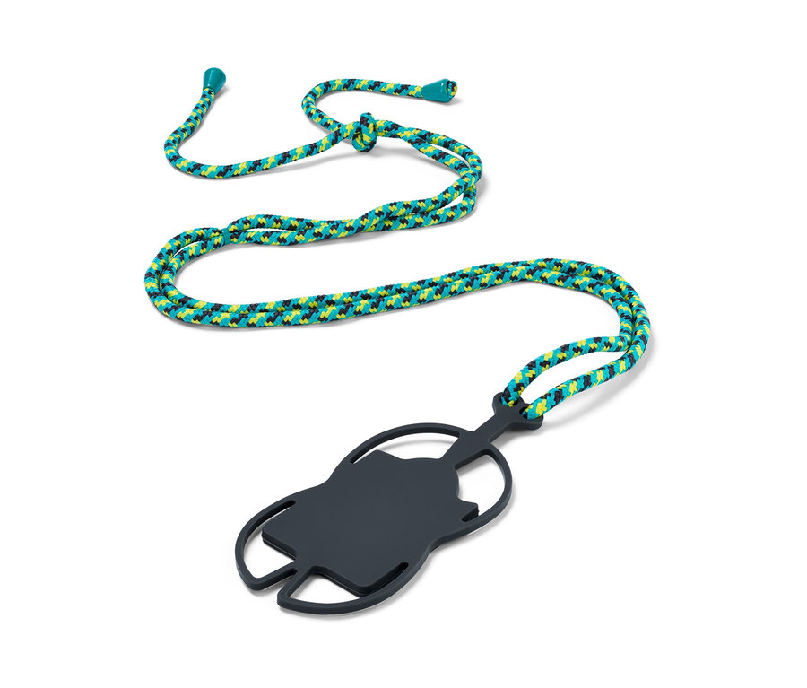 Ein grauer Smartphone-Halter an einem mehrfarbigen Smartphone-Umhängeband.