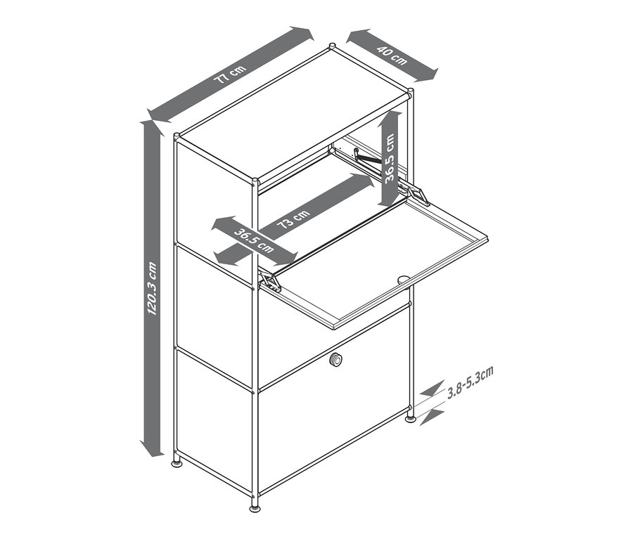 Eine Skizze von einem Metallregal »CN3« mit 3 Sekretär-Klappfächern und Abmessungen.