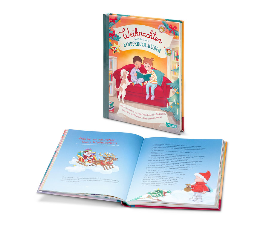 Aufgeschlagenes Buch mit Illustrationen und im Hintergrund das Buch "Weihnachten mit meinen Kinderbuch-Helden".