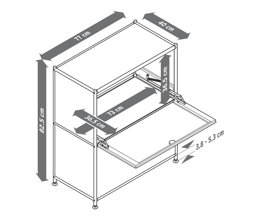 Niedriges Sideboard Metall »CN3« mit Klappenfächern und Massangaben.