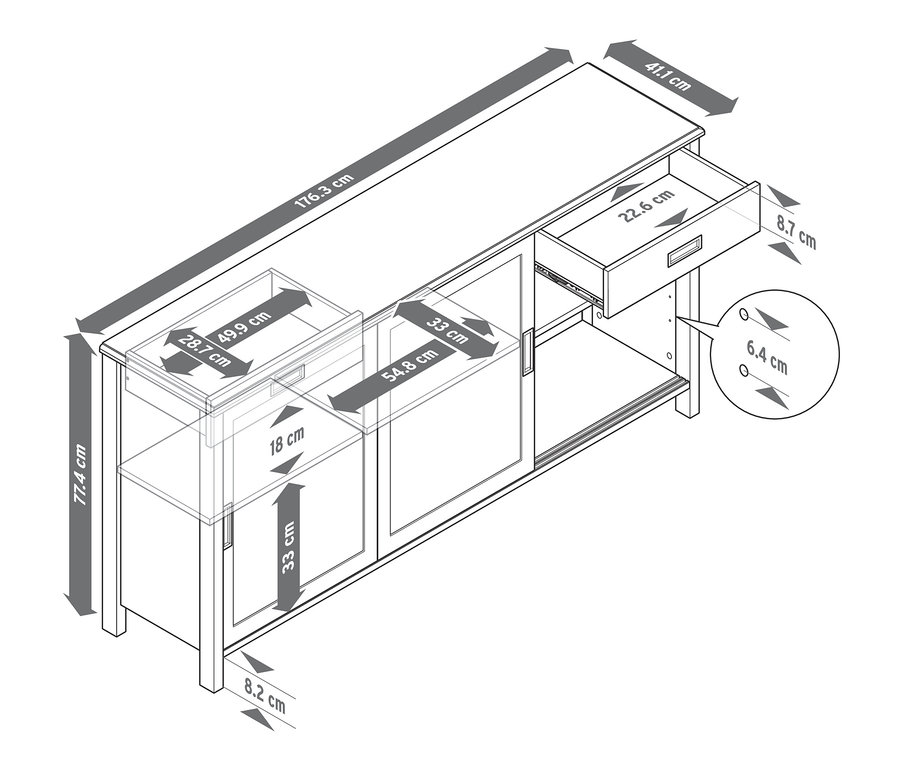 Abmessungen des Sideboards mit Schiebetüren.