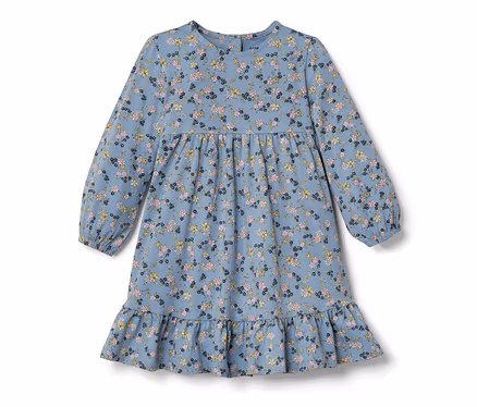 Blaues Baby-Jerseykleid mit Blumenmuster.