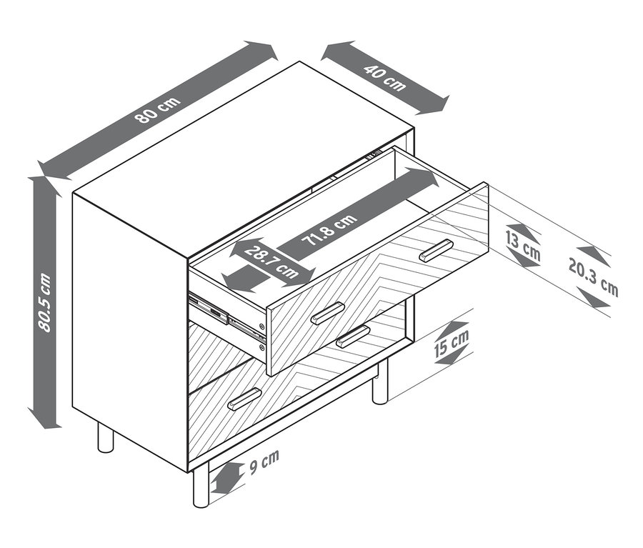 Skizze einer Schubladenkommode aus Eschenholz mit dekorativen Fronten und Abmessungen.