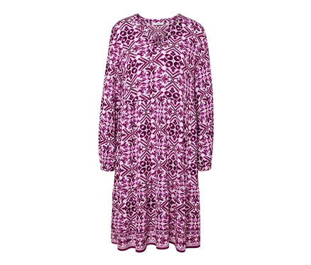 Bedrucktes Webkleid mit langen Ärmeln und V-Ausschnitt.
