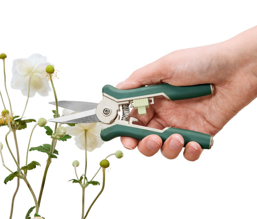 Eine Hand schneidet eine weisse Blume mit einer 2 Mini-Pflegescheren.