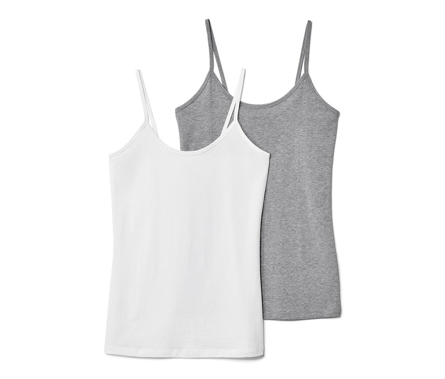 Zwei Spaghetti-Hemdchen, eines in Weiß und eines in Grau.