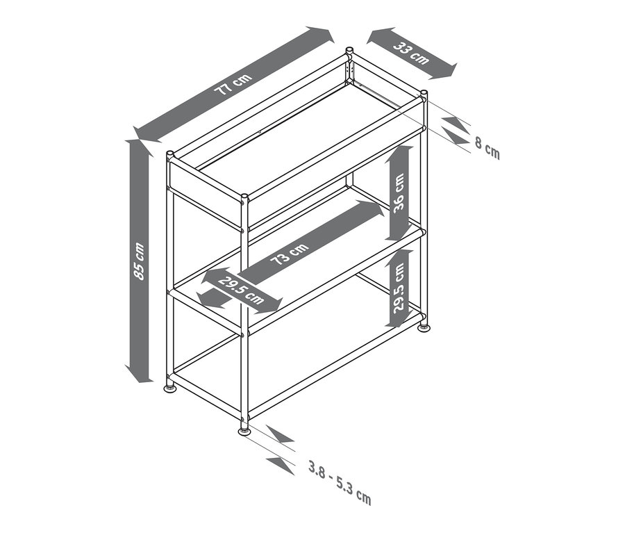 Skizze einer Konsole Metall »CN3« mit Ablage und Abmessungen.