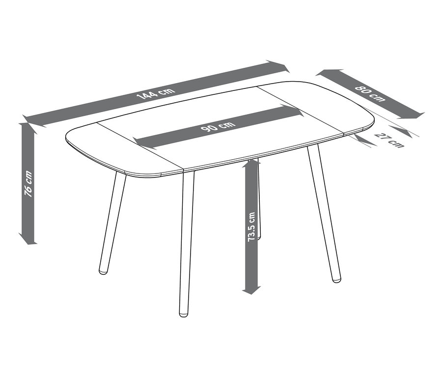 Abbildung der Abmessungen eines klappbaren Esstisches.