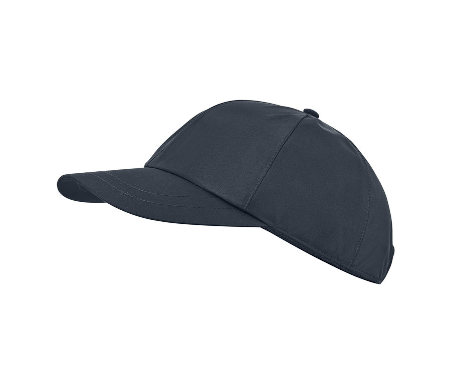 Eine marineblaue Allwetter-Kappe vor einem weißen Hintergrund.