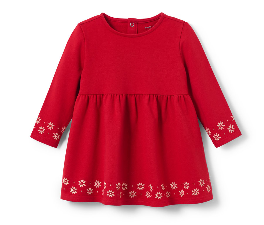 Ein rotes Kinder-Sweatkleid mit langen Ärmeln und Schneeflockenmuster.