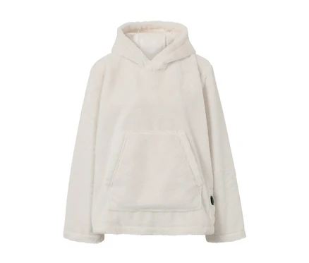 Ein weißer Akku-Heizpullover mit Kapuze und Kängurutasche.
