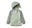Eine hellgrüne Kleinkind-Regenjacke, Colorblock, mit Kapuze und graugrünen Ärmeln.