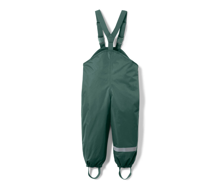 Dunkelgrüne Kinder-Thermo-Regenhose mit Latz und Reflexstreifen am Bein.