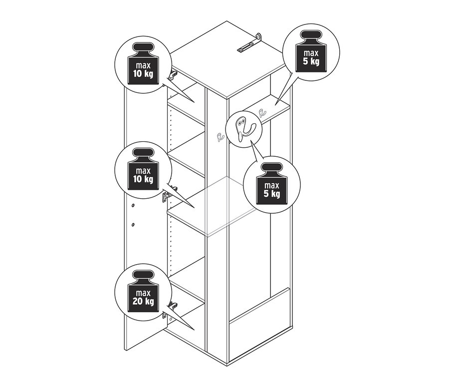 Abbildung eines Universalschranks mit seitlichem Stauraum, inklusive Darstellung der maximalen Gewichtsbelastung der Regalböden.