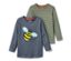 Zwei Kleinkinder-T-Shirts: ein graues mit Bienen-Applikation und ein grün gestreiftes.