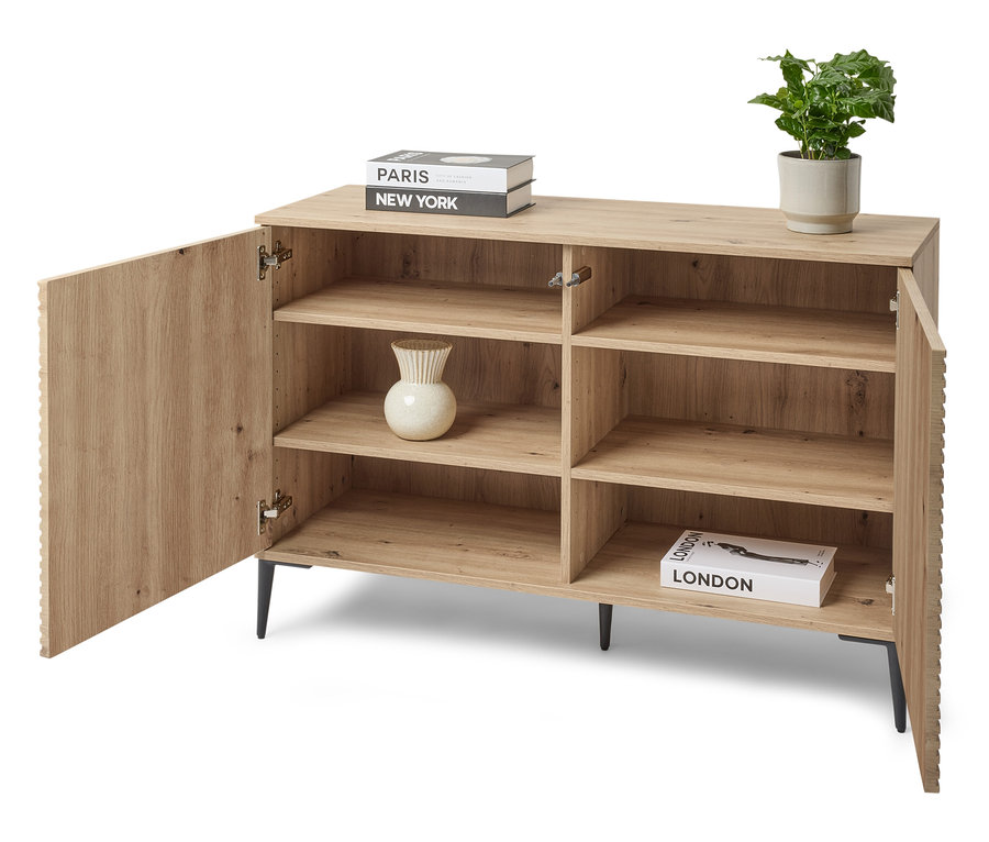 Kommode mit sechs Regalen und einer offenen Tür.