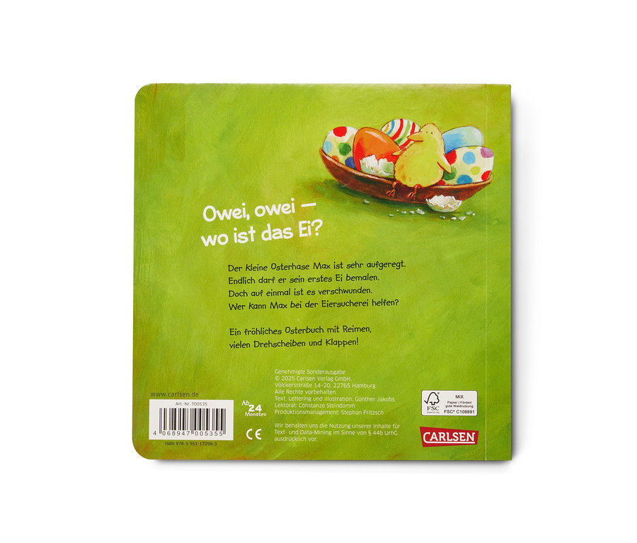 Cover des Buchs »Die große Eiersucherei« mit einer Illustration eines Kükens und Eiern.