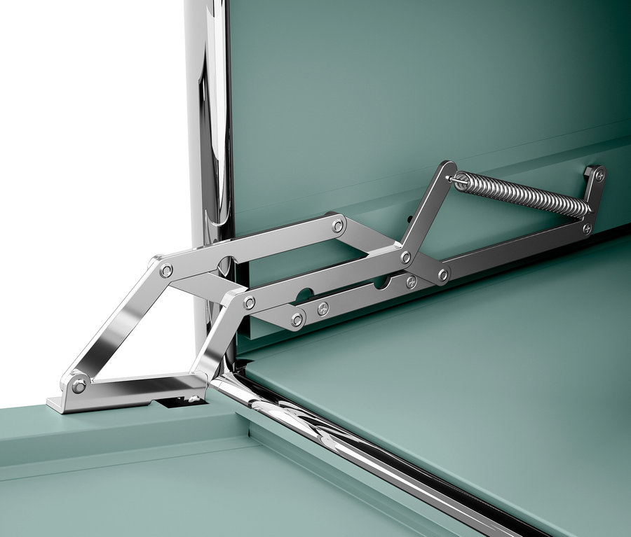 Detail eines Öffnungsmechanismus einer grünen Box.