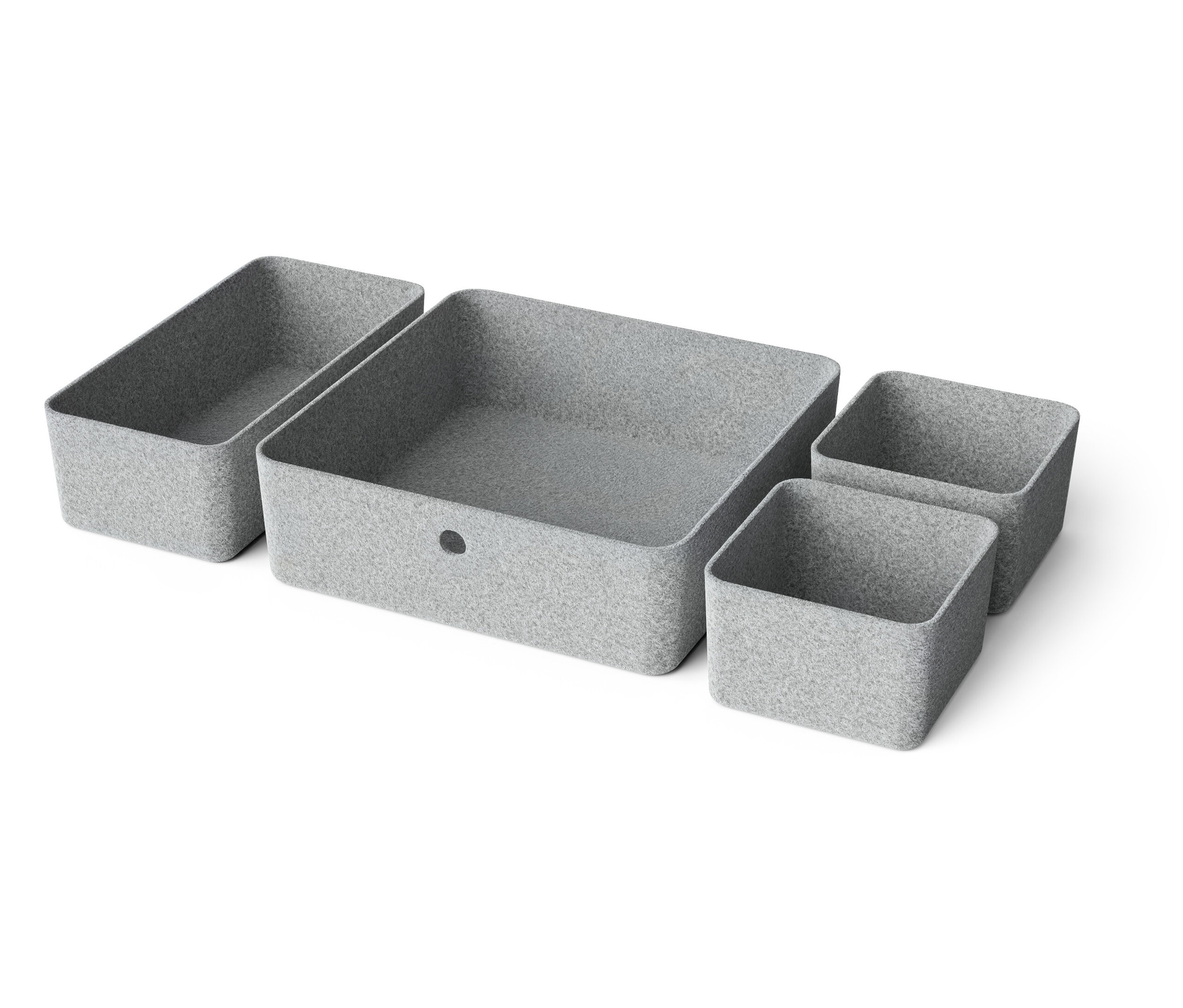 Vier graue Aufbewahrungsboxen unterschiedlicher Größe auf einem weißen Hintergrund angeordnet.